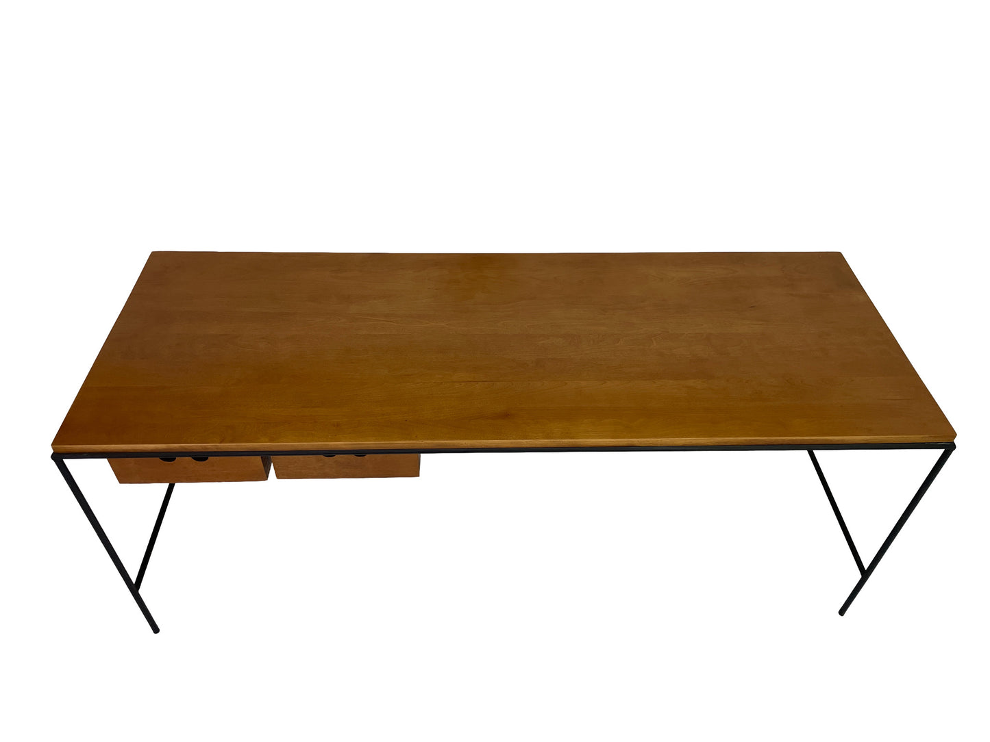 Top view of Paul McCobb Planner Group maple writing table featuring minimalist proportions, floating drawers, and black iron frame construction.
