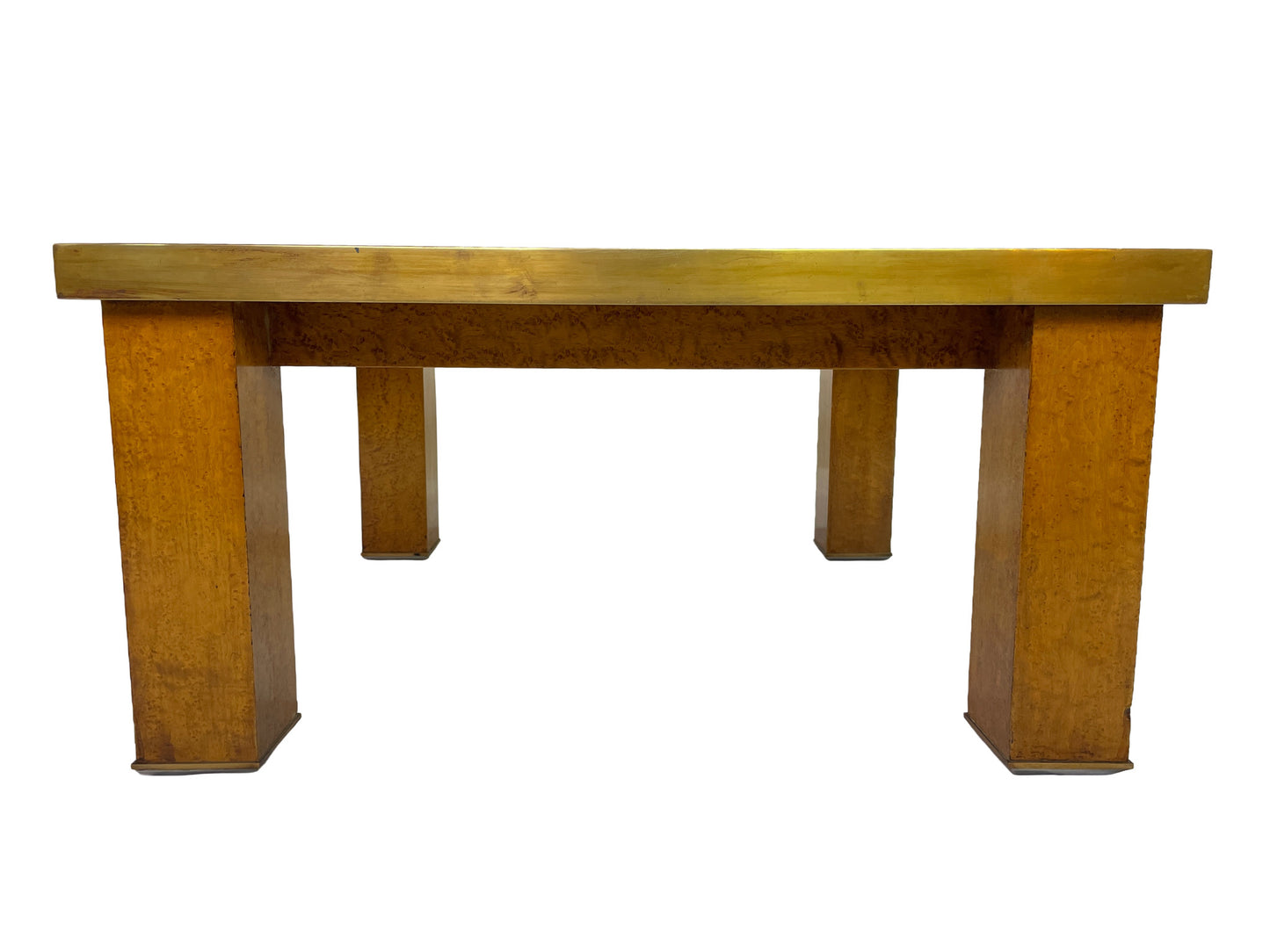 Side profile of a mid-century modern burl wood coffee table with brass trim and architectural legs.