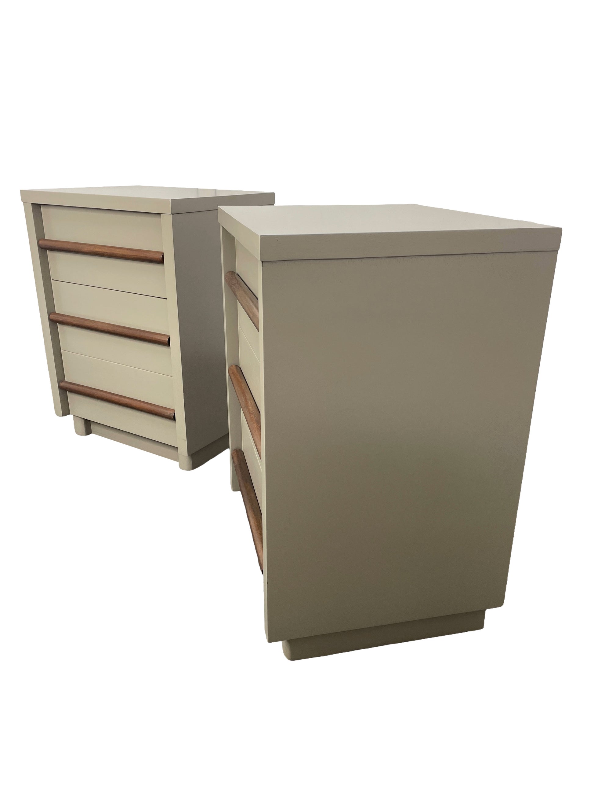 Rear angled view of a pair of Mid-Century Modern nightstands with chestnut gray lacquer and walnut drawer pulls.