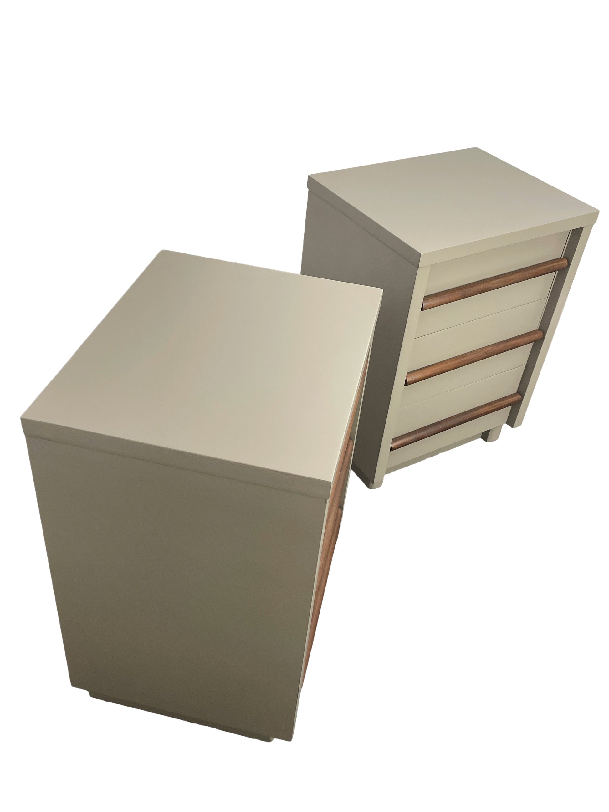 Top and side angle view of restored Mid-Century Modern nightstands with chestnut gray lacquer and walnut drawer handles.