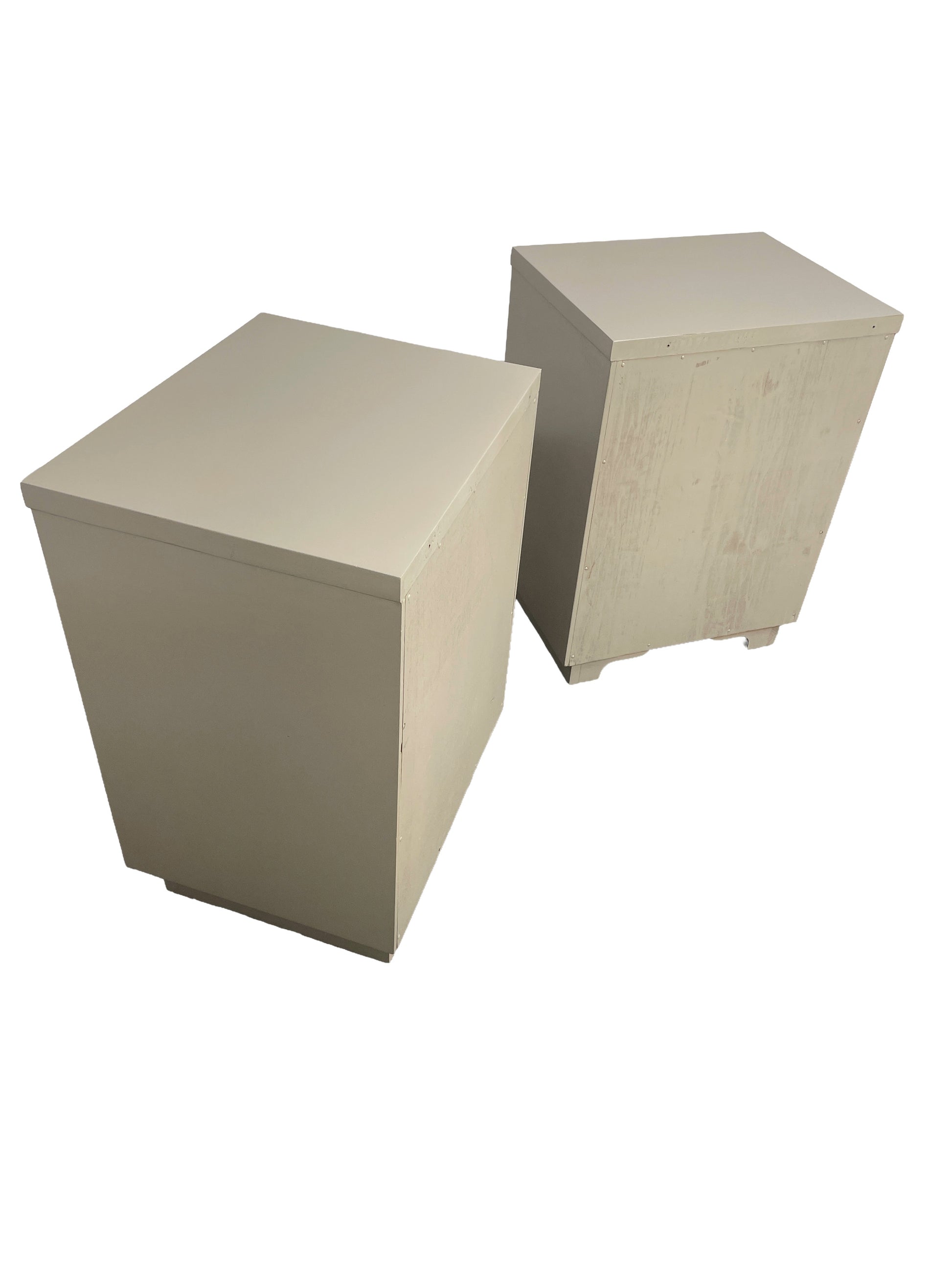 Rear angled view of restored Mid-Century Modern nightstands by American of Martinsville with chestnut gray lacquer finish and walnut pulls.