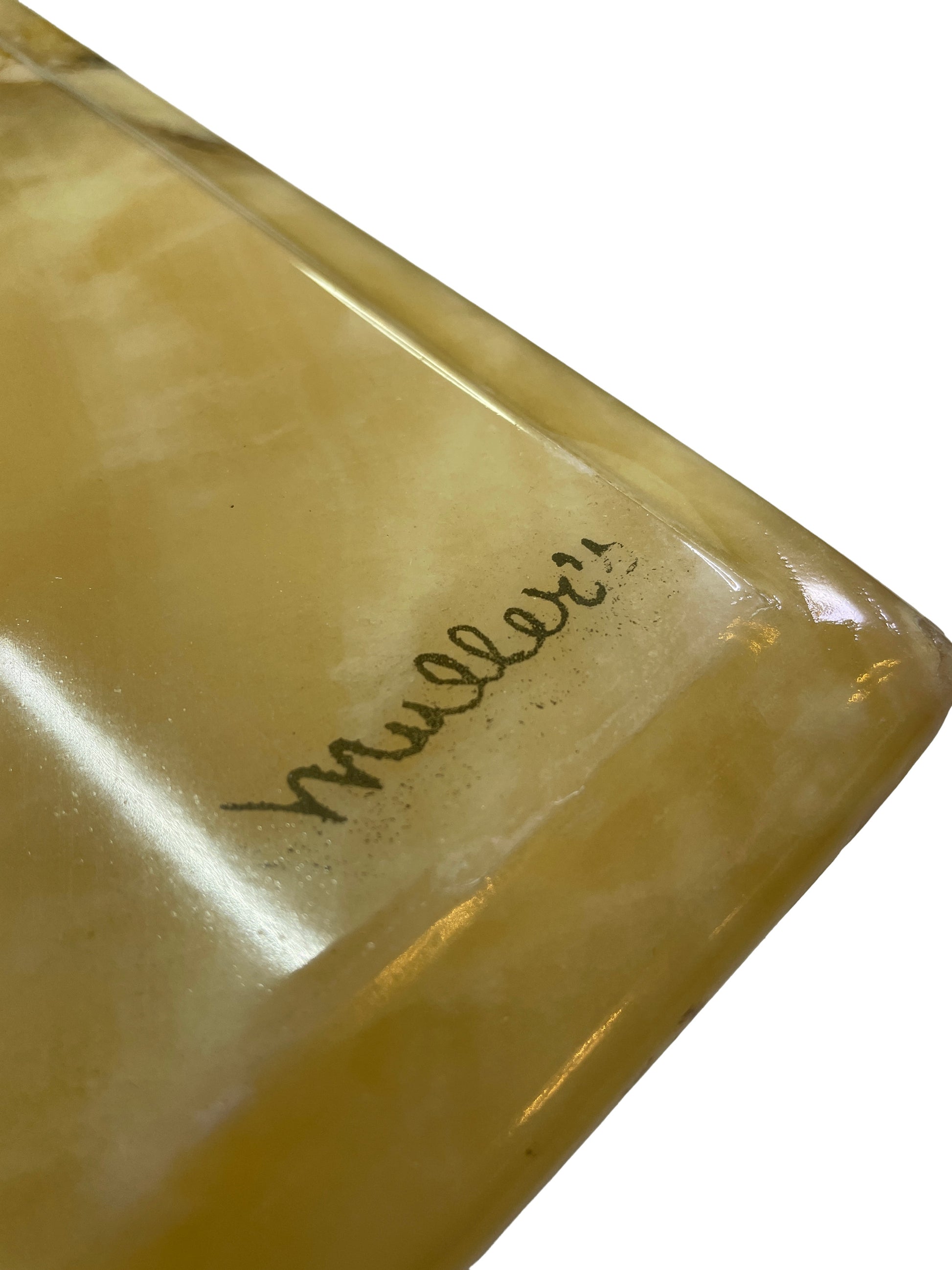 Engraved Muller signature detail on vintage Arturo Pani onyx coffee table from Mexico