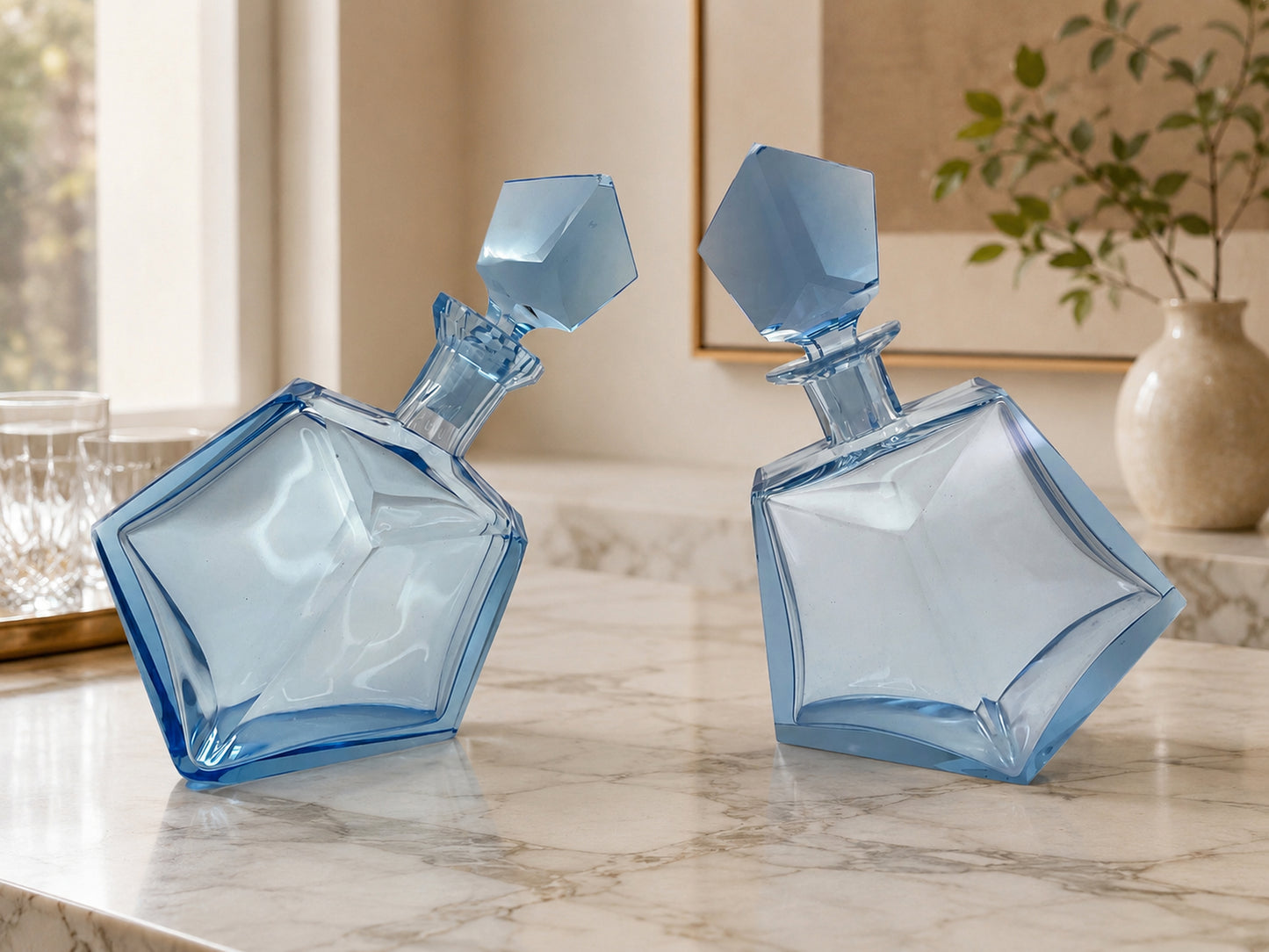 Pair of vintage light blue sculptural art glass decanters with faceted stoppers displayed on a Calacatta marble surface in a refined luxury interior with soft natural light.