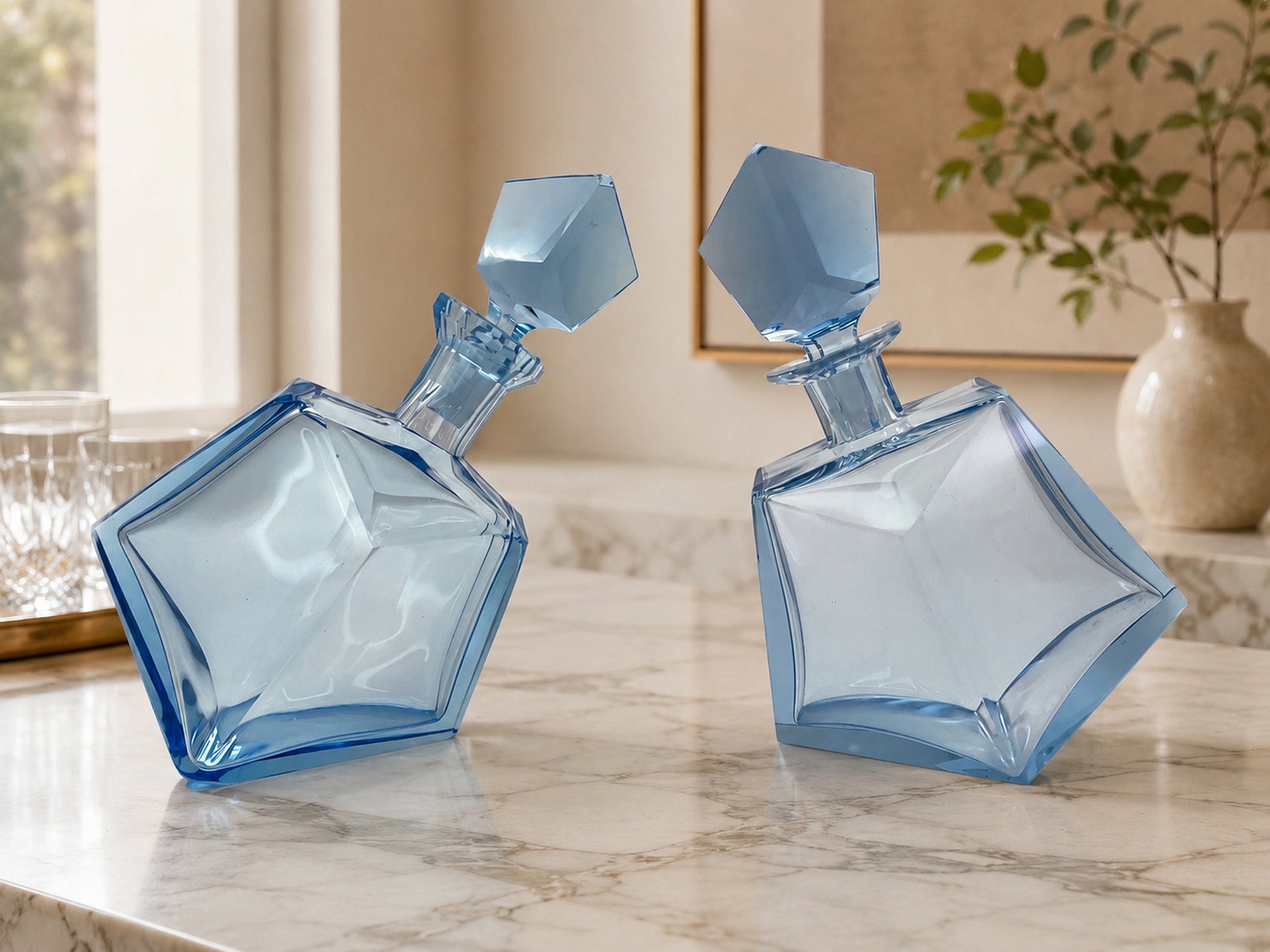 Pair of vintage light blue sculptural art glass decanters with faceted stoppers displayed on a Calacatta marble surface in a refined luxury interior with soft natural light.
