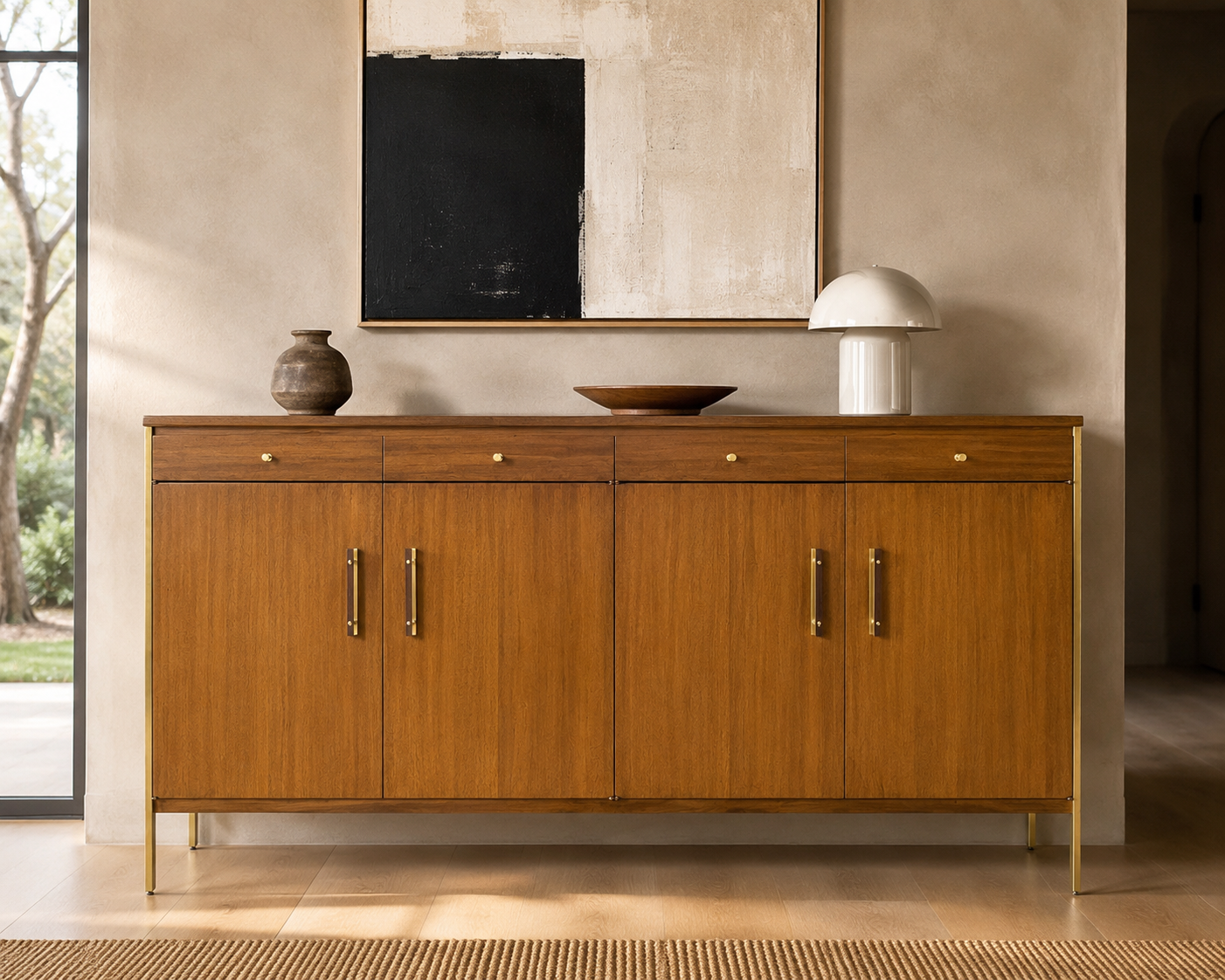 Paul McCobb for Calvin Group ribbon mahogany credenza with brass accents in a luxury mid-century modern interior, designer furniture for residential interior design projects, circa 1960s.