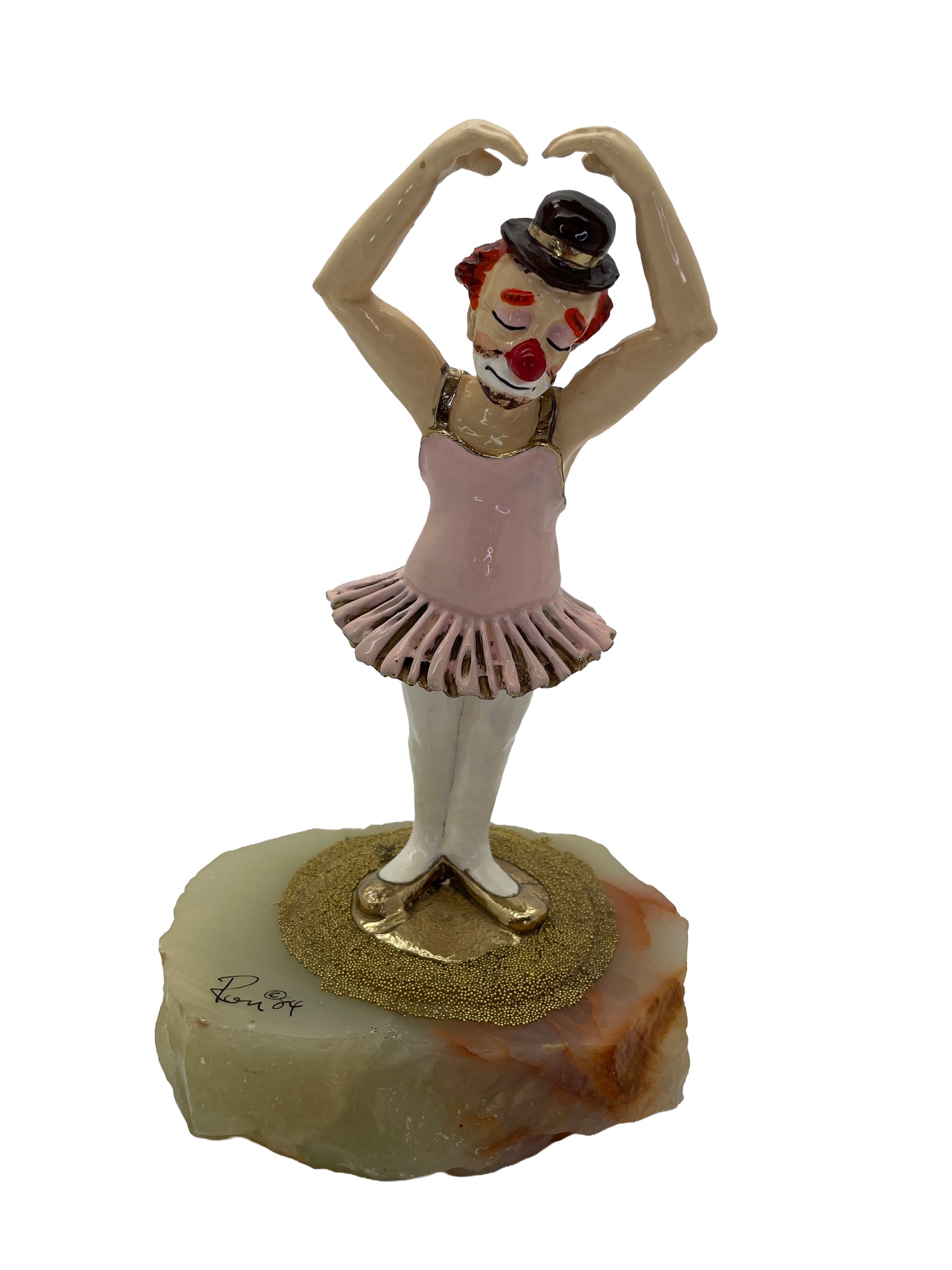 Vintage Ron Lee ballerina clown sculpture with pink tutu, natural onyx base, and 24K gold-plated accents, signed 1984, front view.