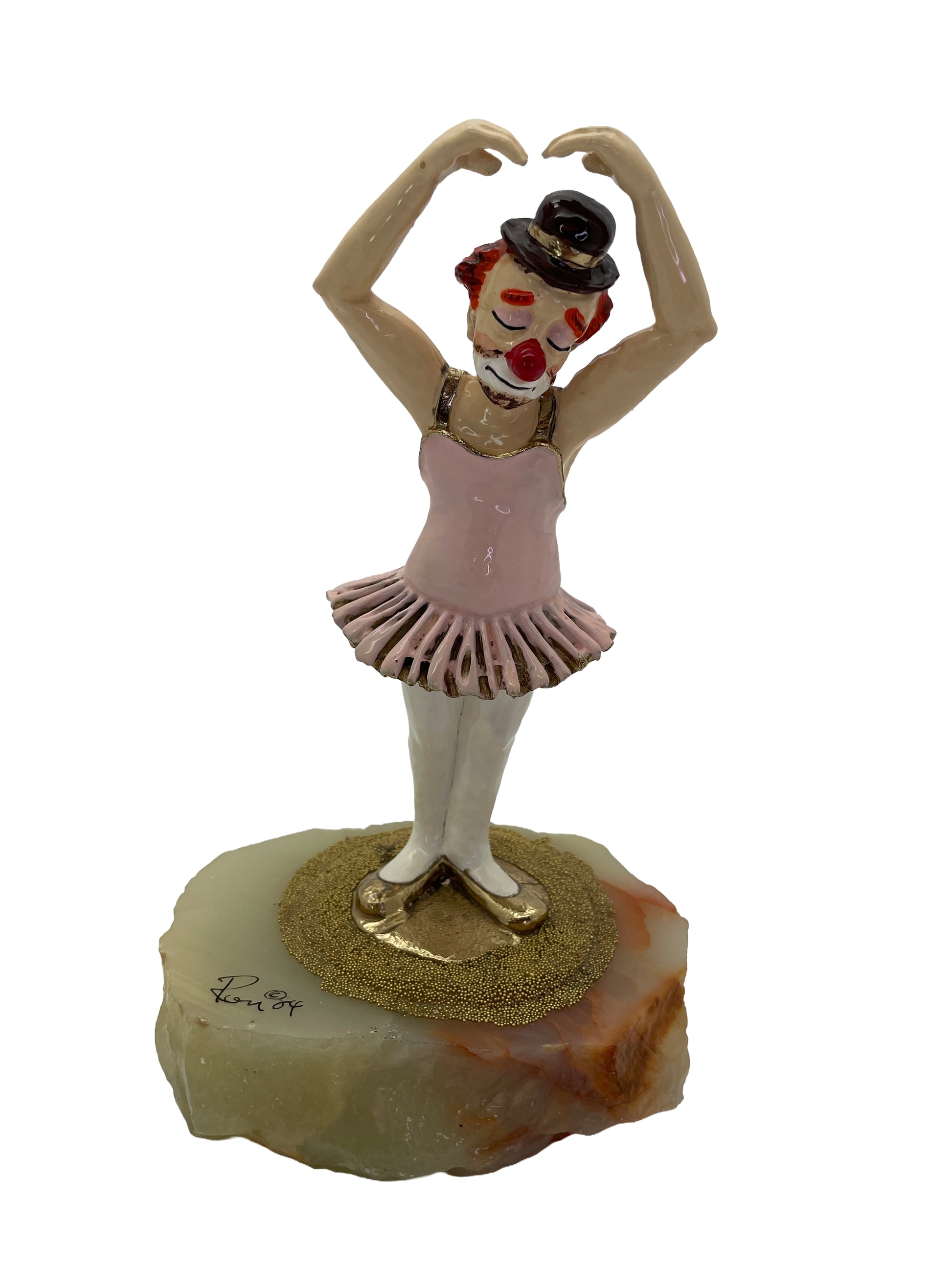 Vintage Ron Lee ballerina clown sculpture with pink tutu, natural onyx base, and 24K gold-plated accents, signed 1984, front view.