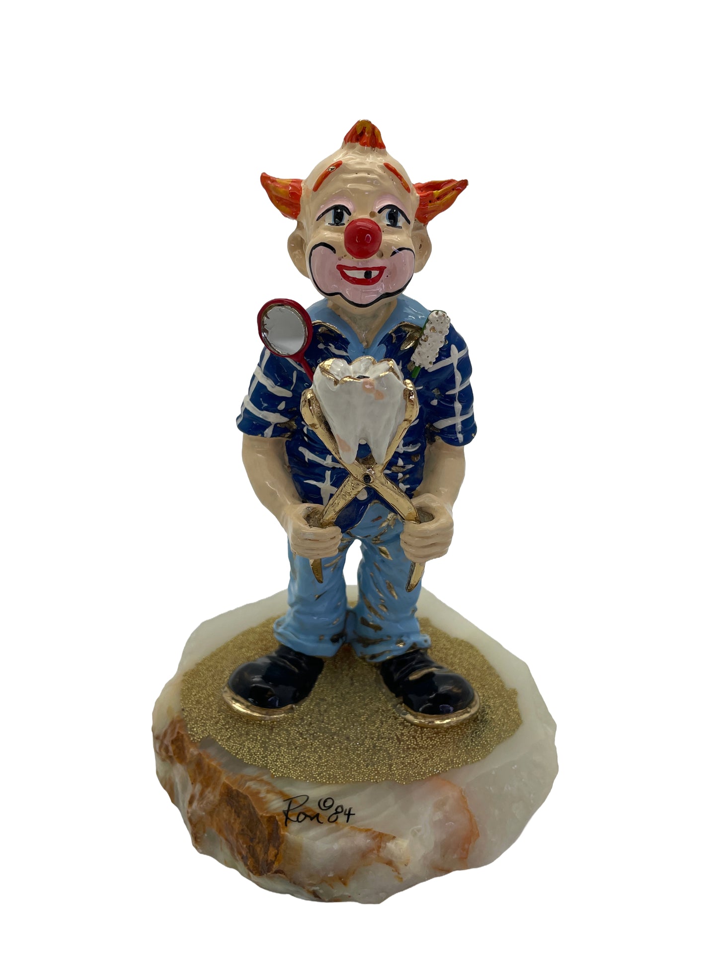 Signed 1984 Ron Lee Dentist Clown Sculpture on Natural Onyx Base with 24K Gold-Plated Accents