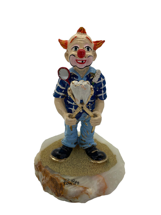 Signed 1984 Ron Lee Dentist Clown Sculpture on Natural Onyx Base with 24K Gold-Plated Accents