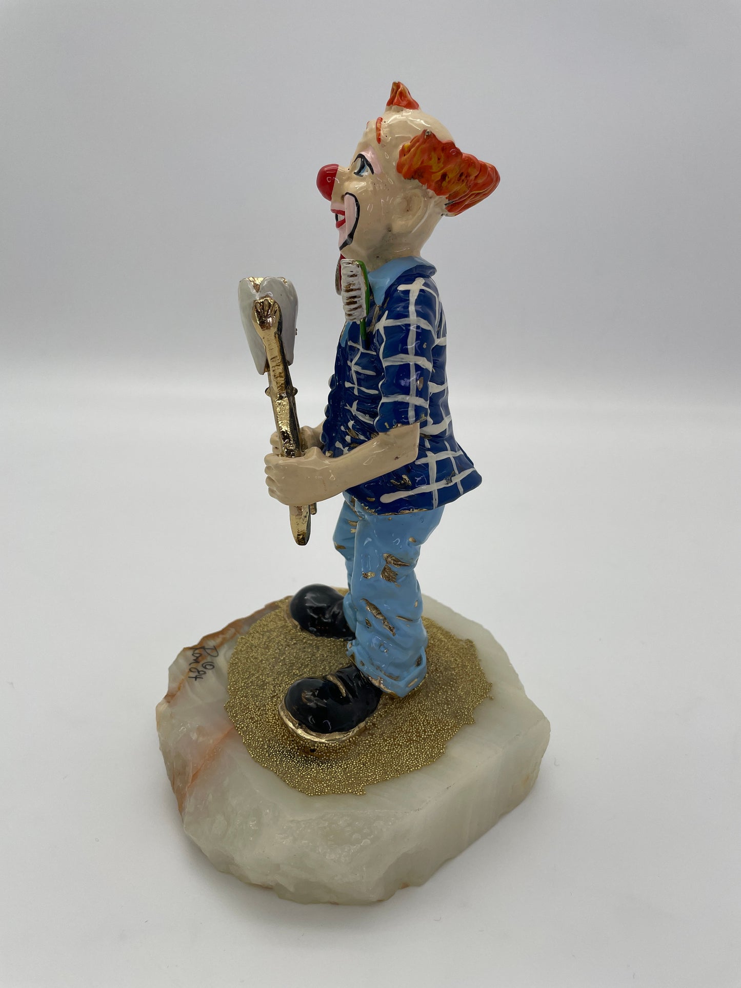 Signed 1984 Ron Lee Dentist Clown Sculpture on Natural Onyx Base with 24K Gold-Plated Accents