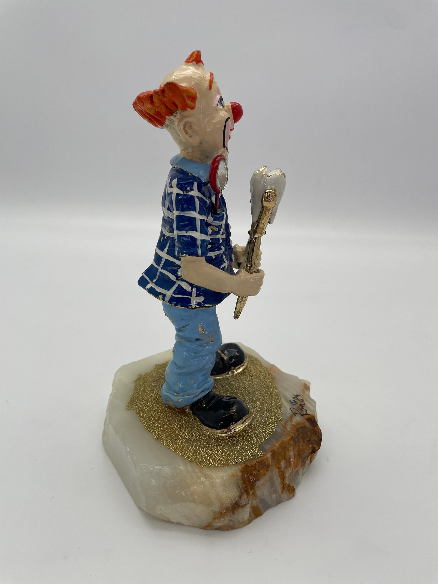 Signed 1984 Ron Lee Dentist Clown Sculpture on Natural Onyx Base with 24K Gold-Plated Accents