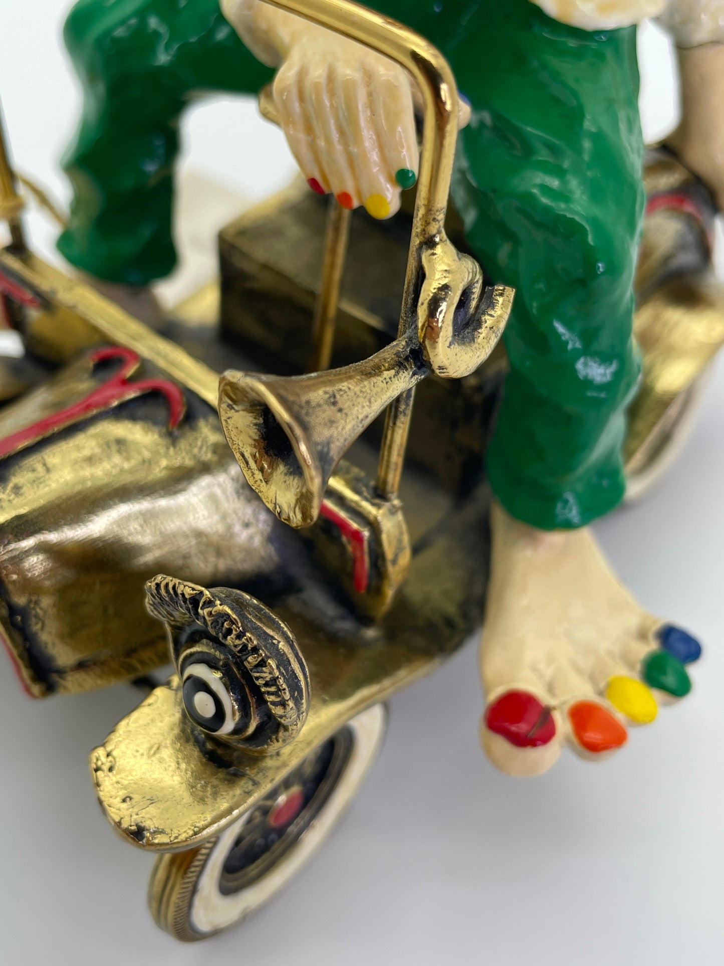 Vintage Ronald A. Lee 24K Gold-Plated Hand-Painted Clown in Wind-Up Car Sculpture, c. 1980