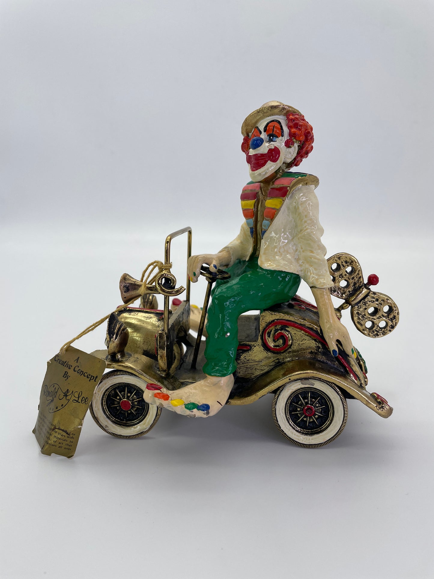Vintage Ronald A. Lee 24K Gold-Plated Hand-Painted Clown in Wind-Up Car Sculpture, c. 1980