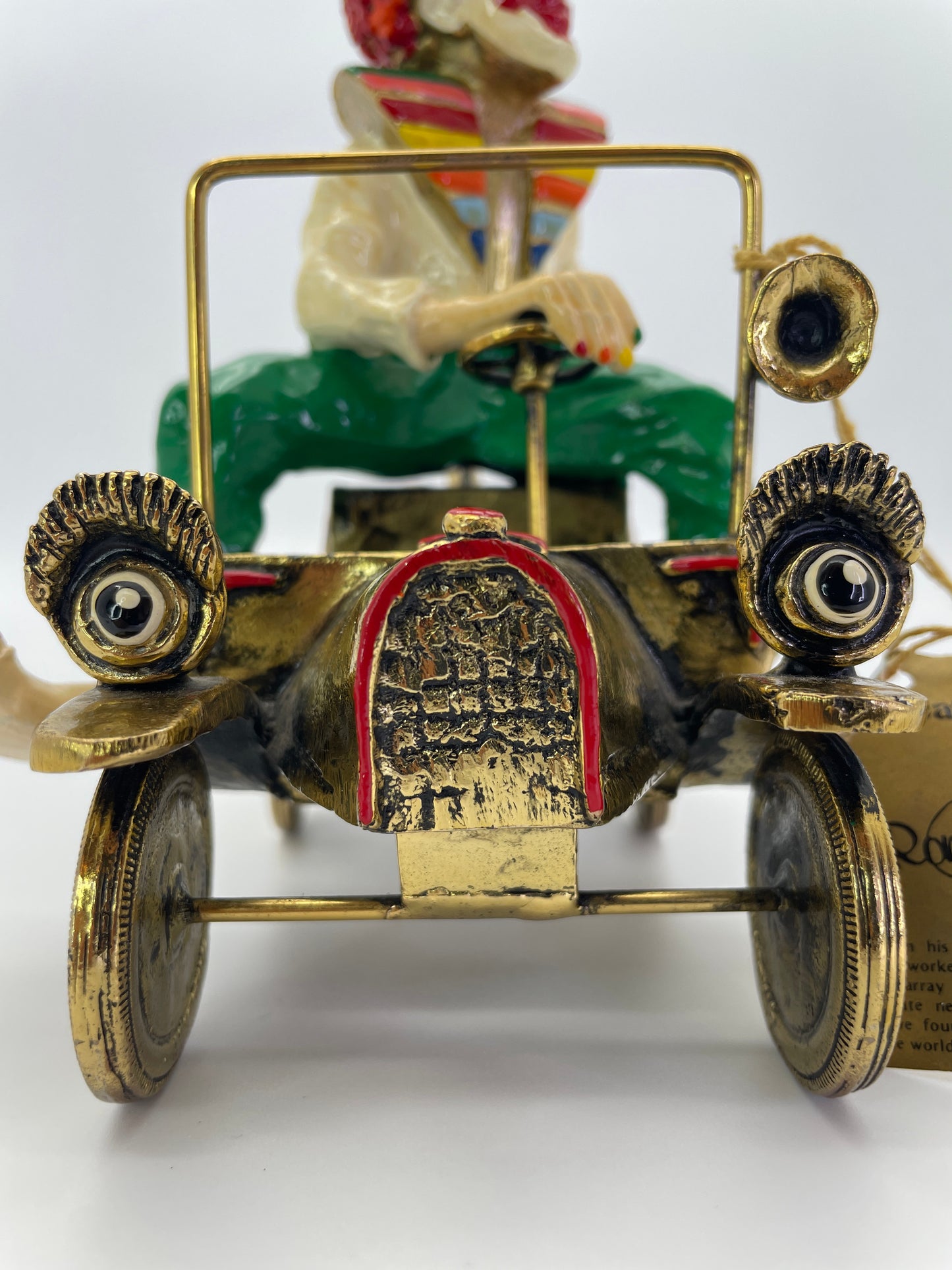 Vintage Ronald A. Lee 24K Gold-Plated Hand-Painted Clown in Wind-Up Car Sculpture, c. 1980