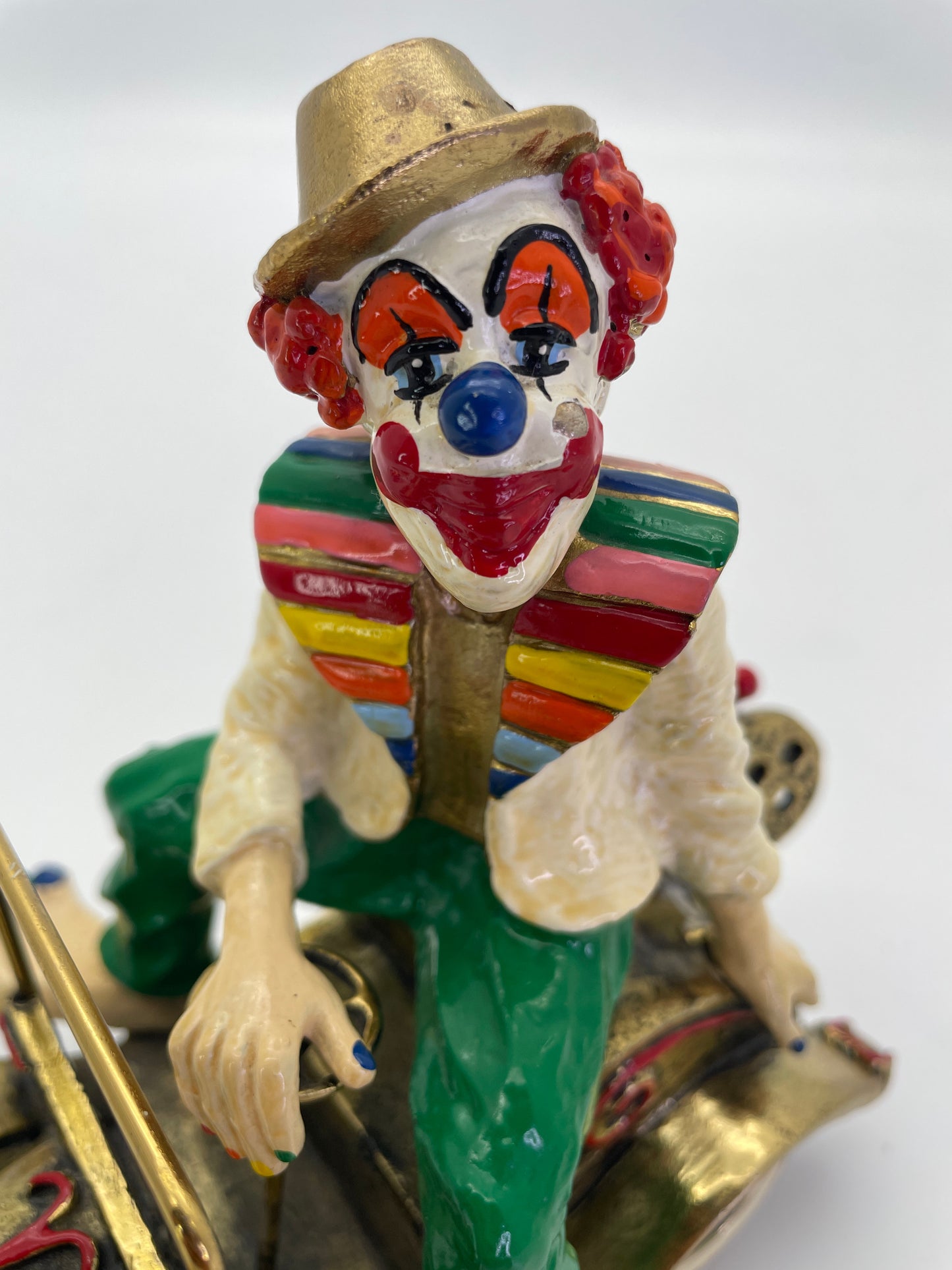 Vintage Ronald A. Lee 24K Gold-Plated Hand-Painted Clown in Wind-Up Car Sculpture, c. 1980