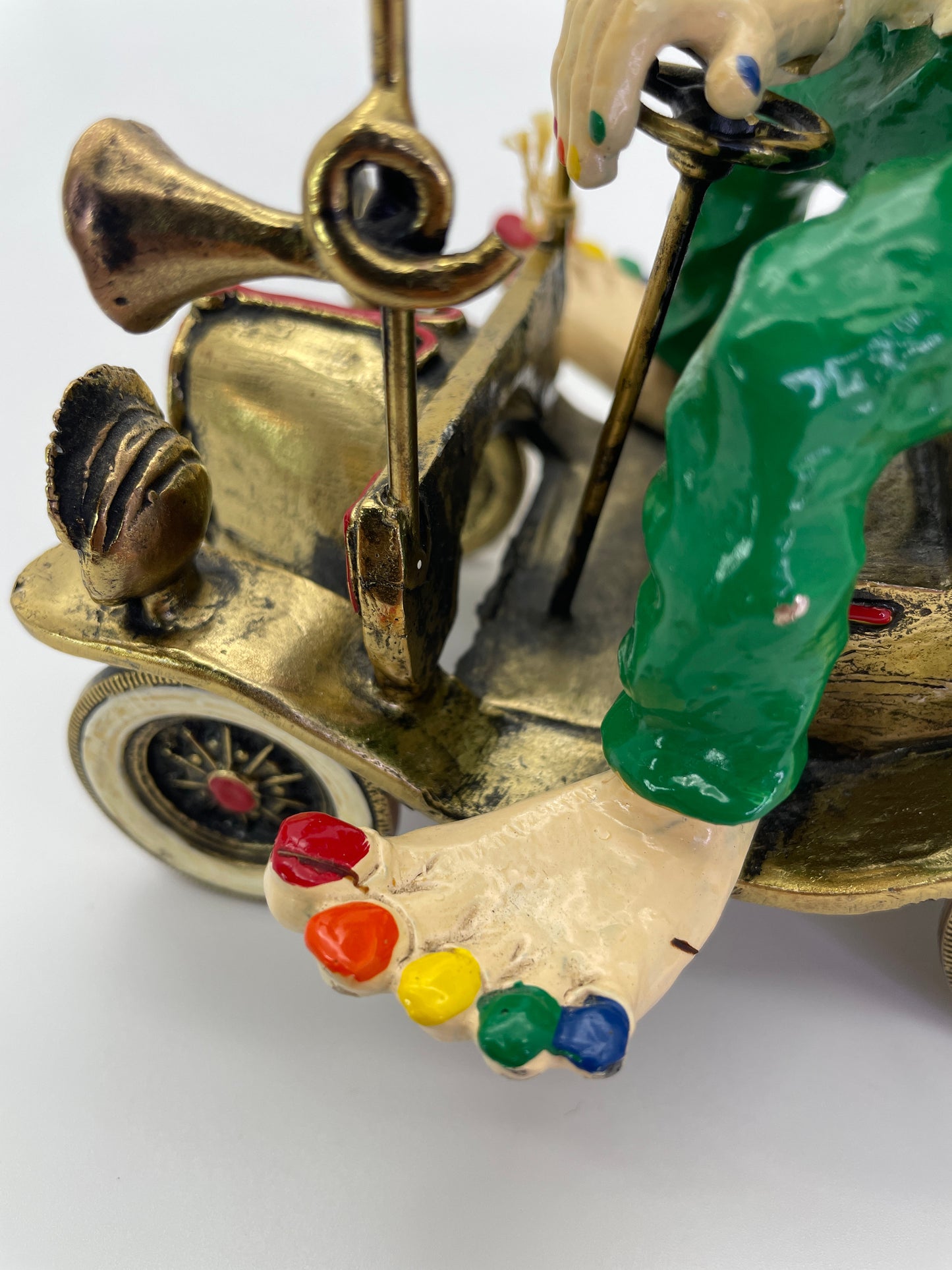 Vintage Ronald A. Lee 24K Gold-Plated Hand-Painted Clown in Wind-Up Car Sculpture, c. 1980