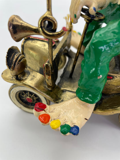 Vintage Ronald A. Lee 24K Gold-Plated Hand-Painted Clown in Wind-Up Car Sculpture, c. 1980