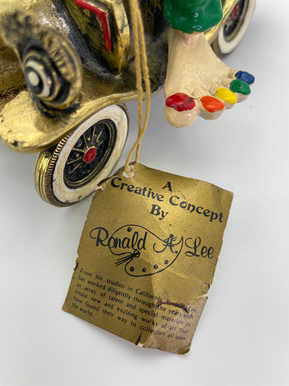 Vintage Ronald A. Lee 24K Gold-Plated Hand-Painted Clown in Wind-Up Car Sculpture, c. 1980