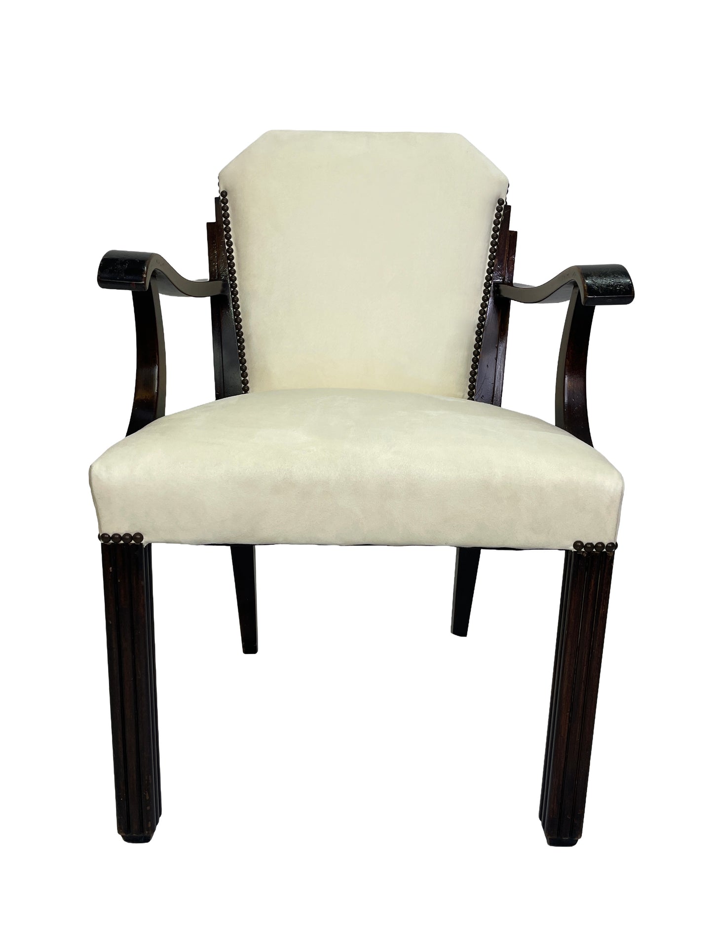 Front view of an Art Deco style dining armchair with ivory upholstery, dark mahogany frame, curved arms, and nailhead trim from a vintage set of 8 dining chairs.