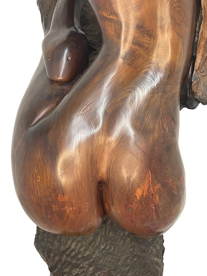 Close-up texture detail of polished burl wood carving in monumental Sig de Tonancour sculpture.