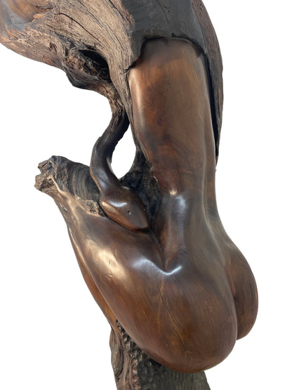 Detailed close-up of carved female torso in monumental wood sculpture by Sig de Tonancour.