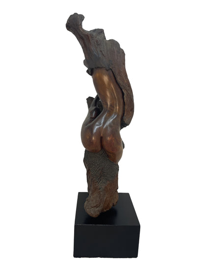 Detail view of monumental organic modern wood sculpture by Sig de Tonancour showing polished carved wood and natural texture contrast.