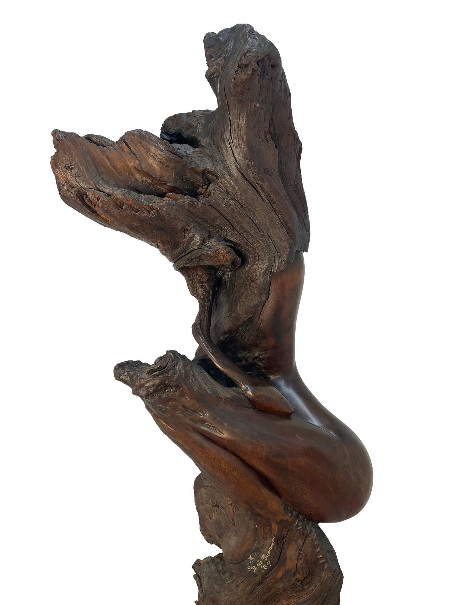 Monumental signed organic modern wood sculpture by Sig de Tonancour, 1984, featuring carved figurative form and natural live-edge wood textures.