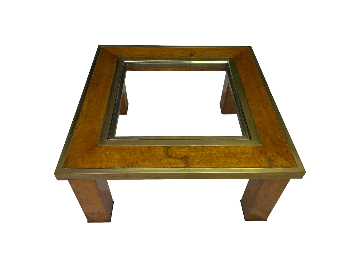 Square olive ash burl coffee table with brass banding and recessed glass insert in the style of Milo Baughman, circa 1950s.