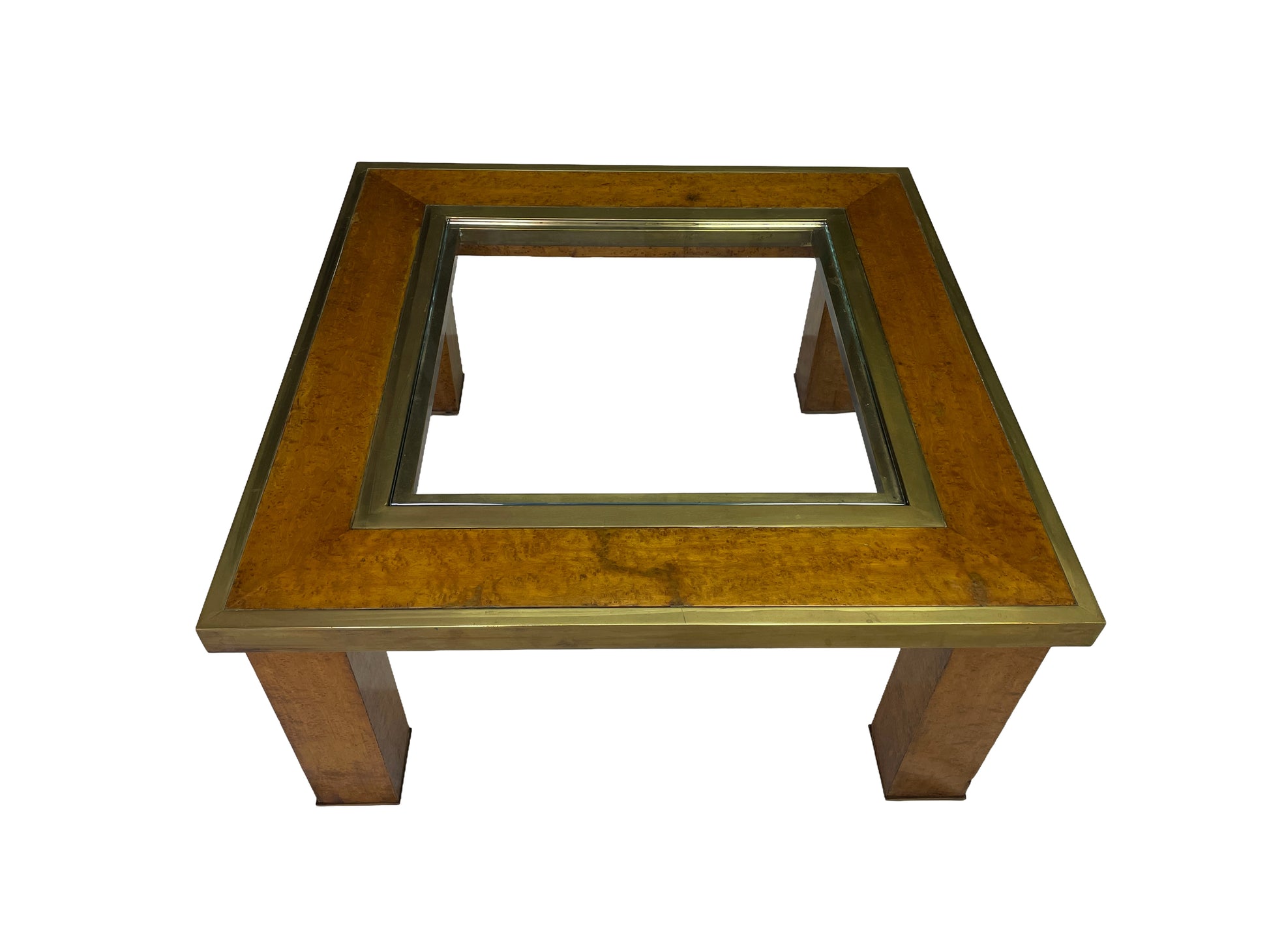 Square olive ash burl coffee table with brass banding and recessed glass insert in the style of Milo Baughman, circa 1950s.
