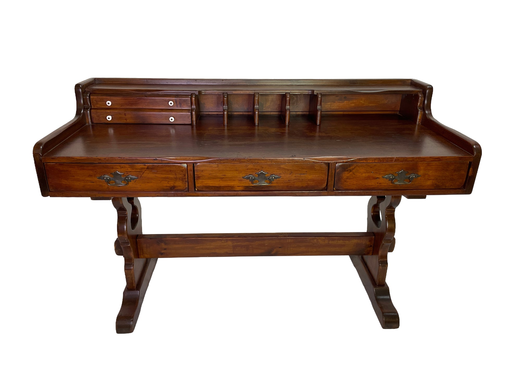 Early 20th century Victorian solid pine writing desk with hutch, porcelain knobs, brass hardware, and original refreshed finish.