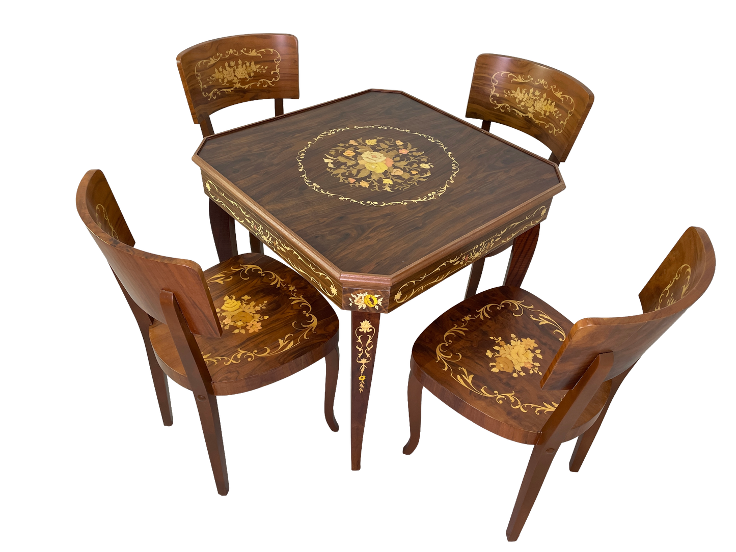 Vintage Italian game table set with four chairs marquetry wood detail
