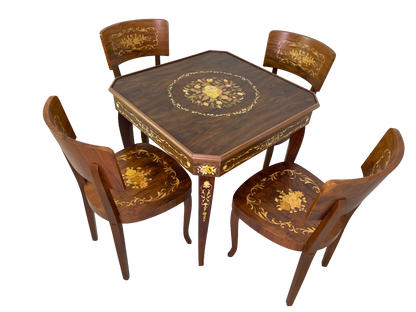 Vintage Italian game table set with four chairs marquetry wood detail