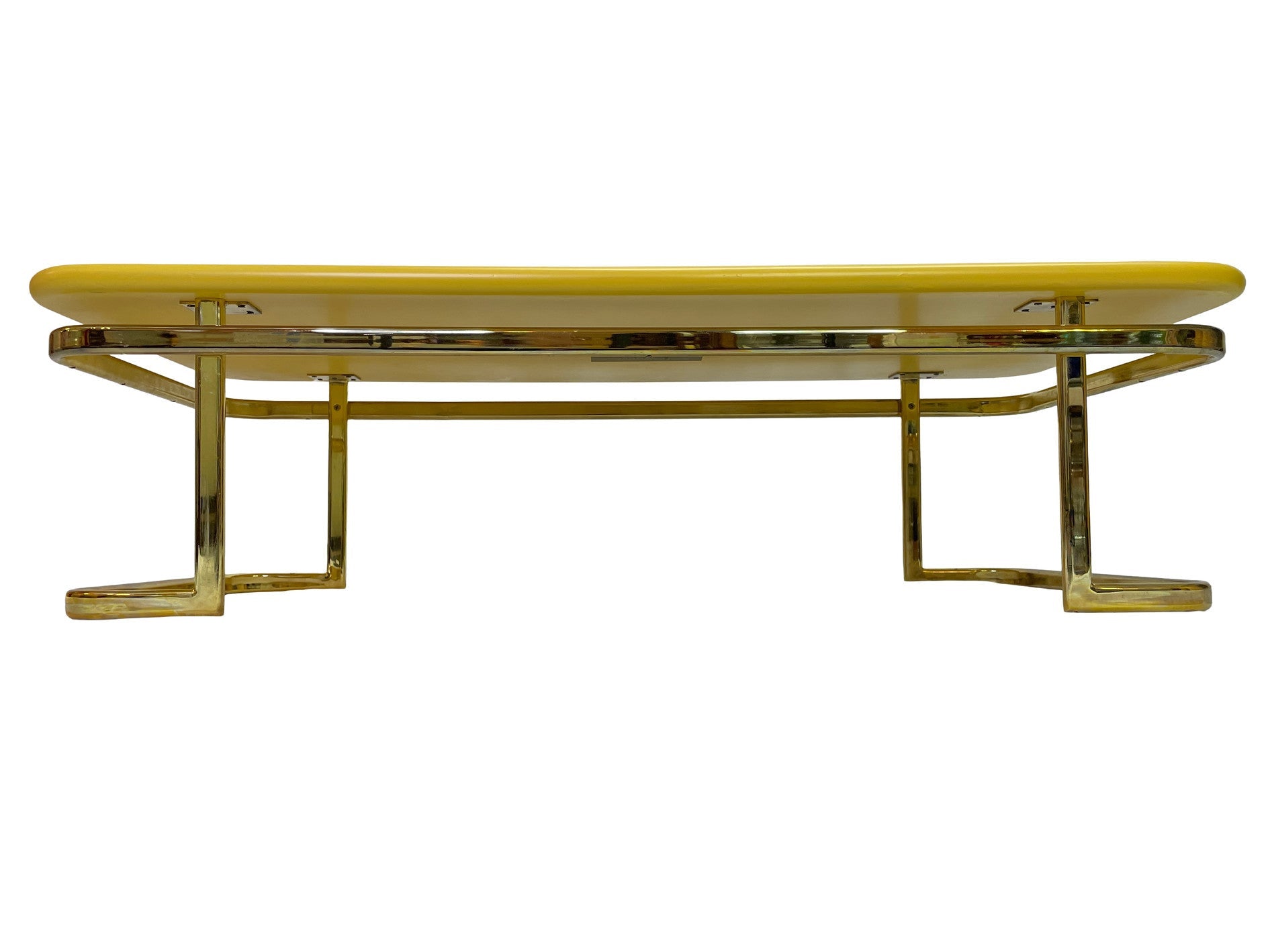 Vintage Lane Furniture coffee table featuring a yellow lacquered top and polished brass-tone metal frame.