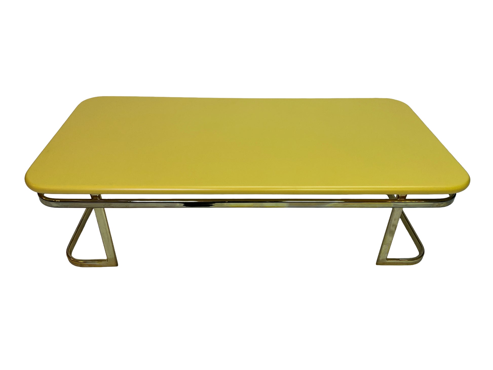 Front view of vintage Lane coffee table with lemon yellow lacquer finish and brass-tone metal base.