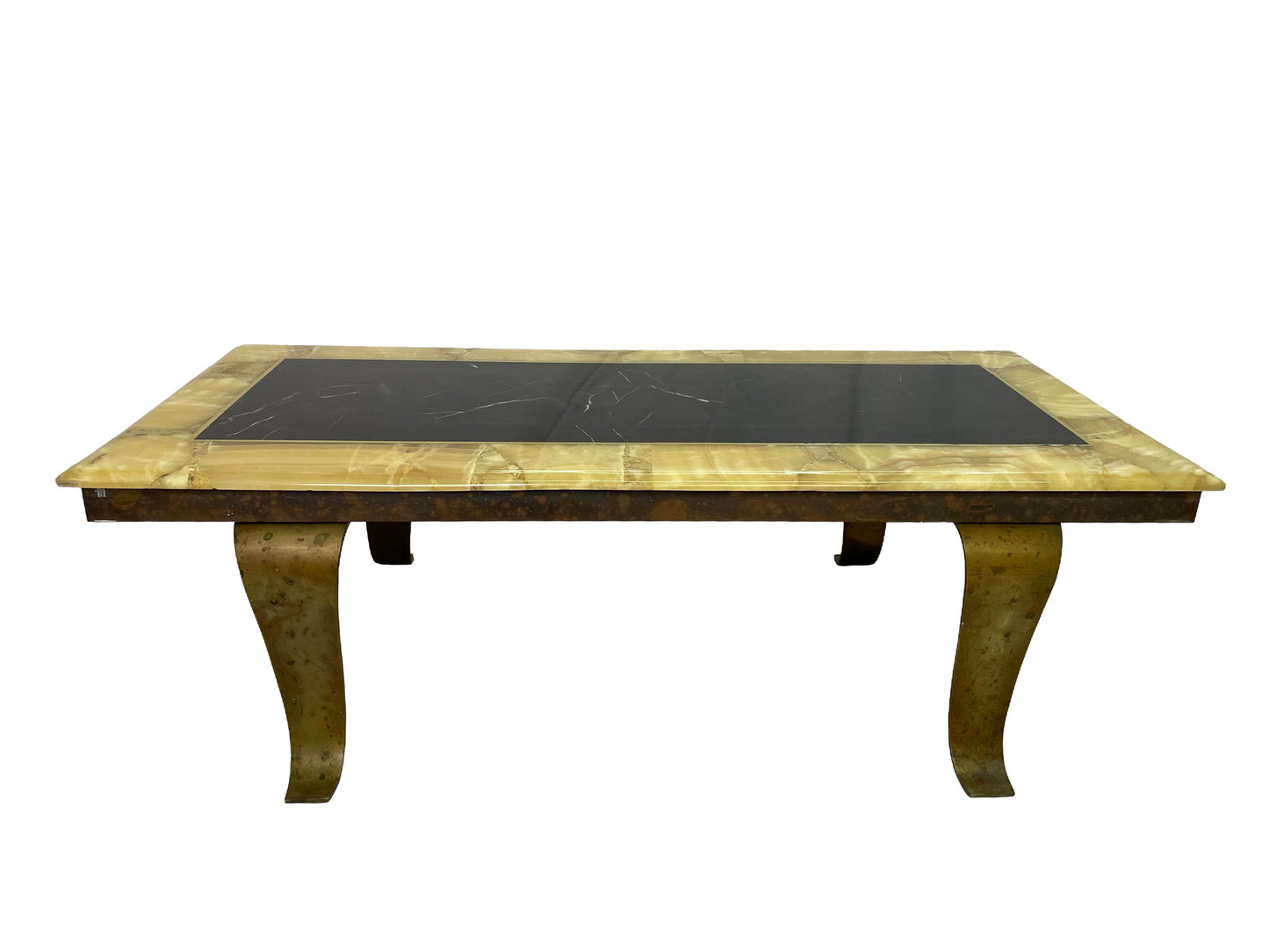 Angled view of Arturo Pani for Muller two-tone onyx coffee table with aged bronze base