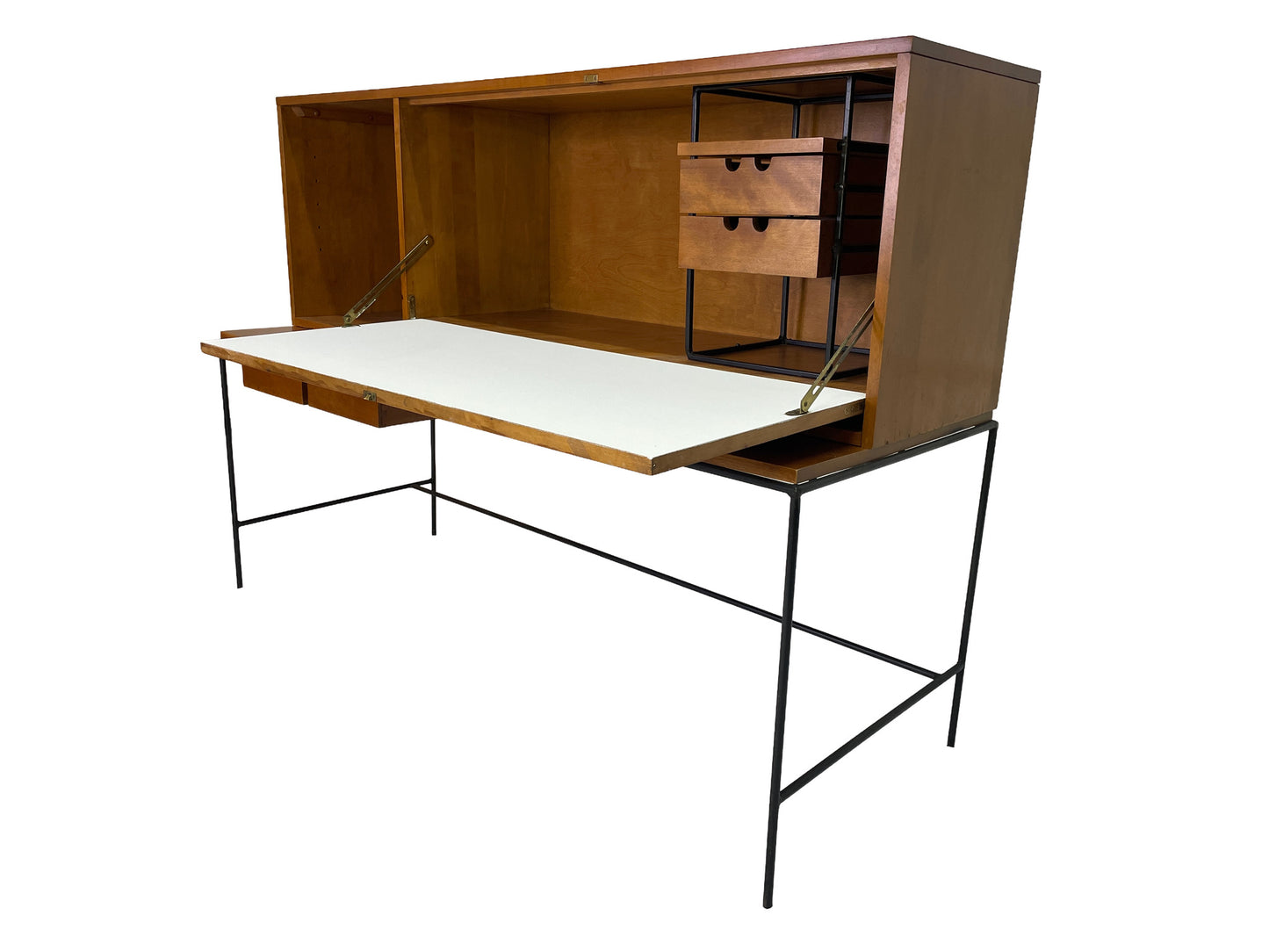 Vintage Paul McCobb Planner Group secretary writing desk by Winchendon Furniture with drop-front cabinet, exposed drawers, maple construction, and minimalist iron frame.