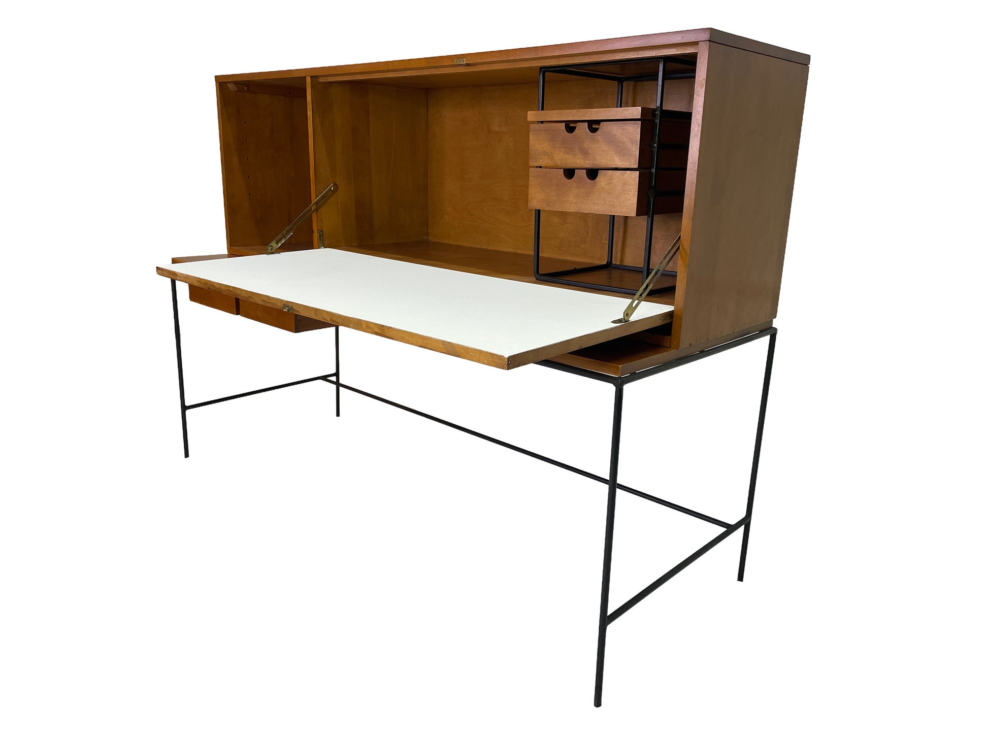 Vintage Paul McCobb Planner Group secretary writing desk by Winchendon Furniture with drop-front cabinet, exposed drawers, maple construction, and minimalist iron frame.