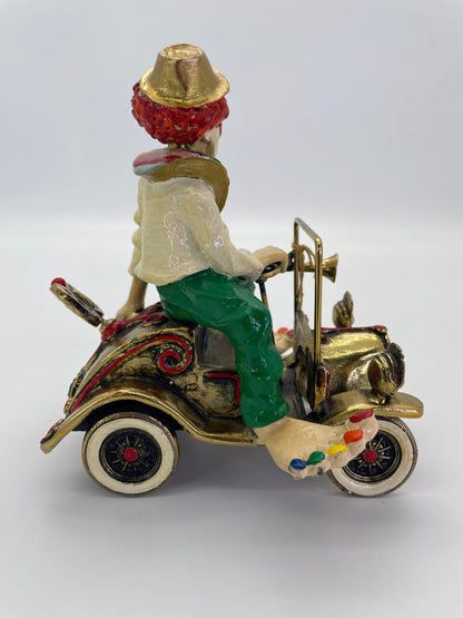 Vintage Ronald A. Lee 24K Gold-Plated Hand-Painted Clown in Wind-Up Car Sculpture, c. 1980