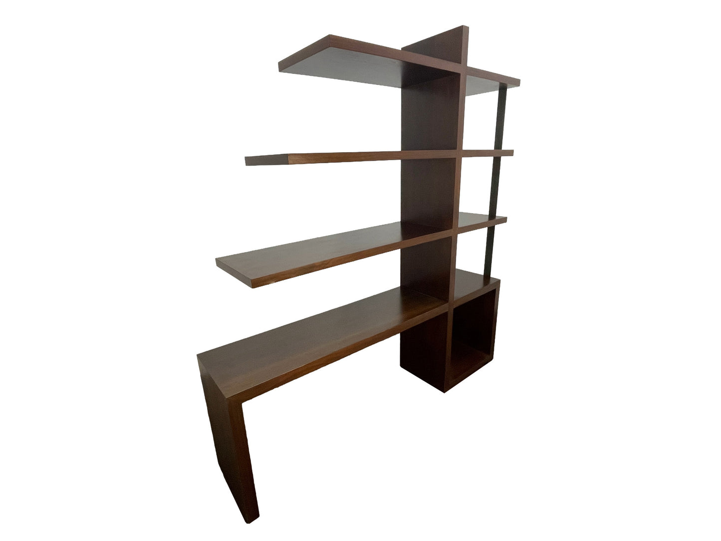 William Emmerson walnut bookcase with open architectural shelving in rich chocolate brown finish front left side