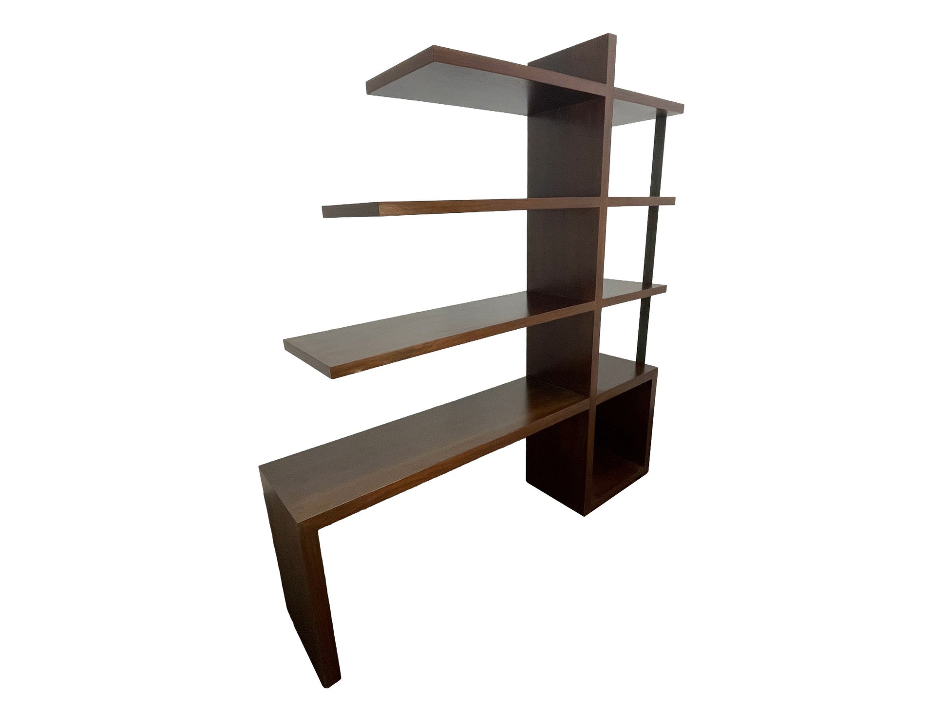 William Emmerson walnut bookcase with open architectural shelving in rich chocolate brown finish front left side