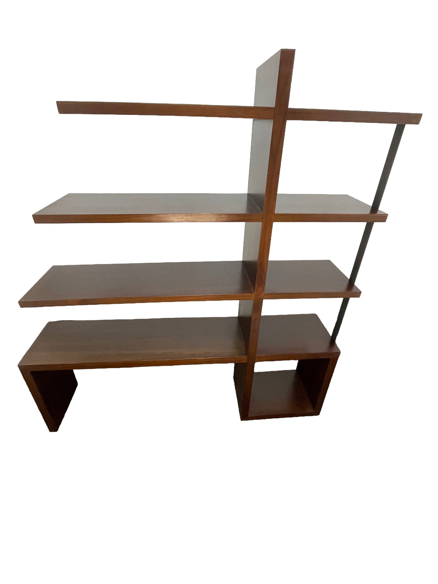 William Emmerson walnut bookcase with open architectural shelving in rich chocolate brown finish front angled view