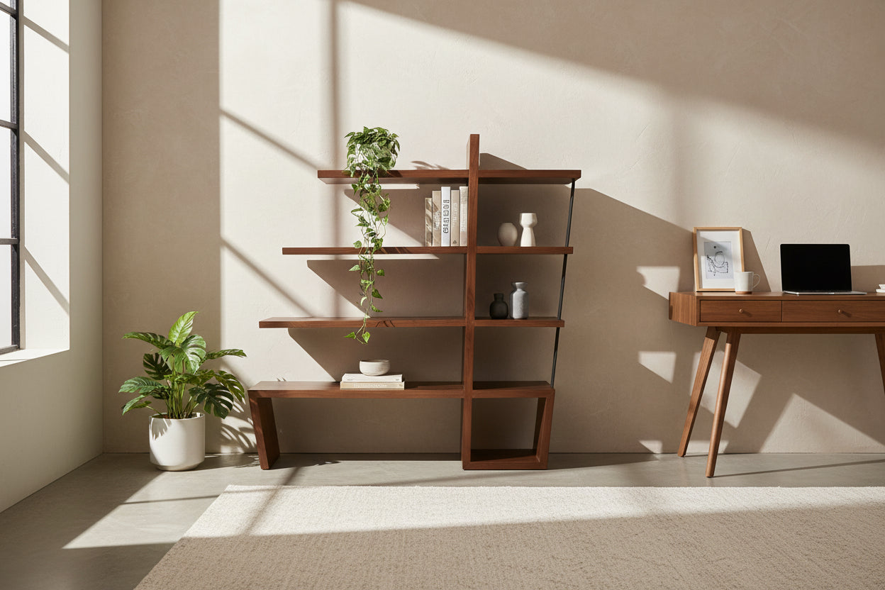 William Emmerson walnut bookcase with open architectural shelving in rich chocolate brown finish in office setting