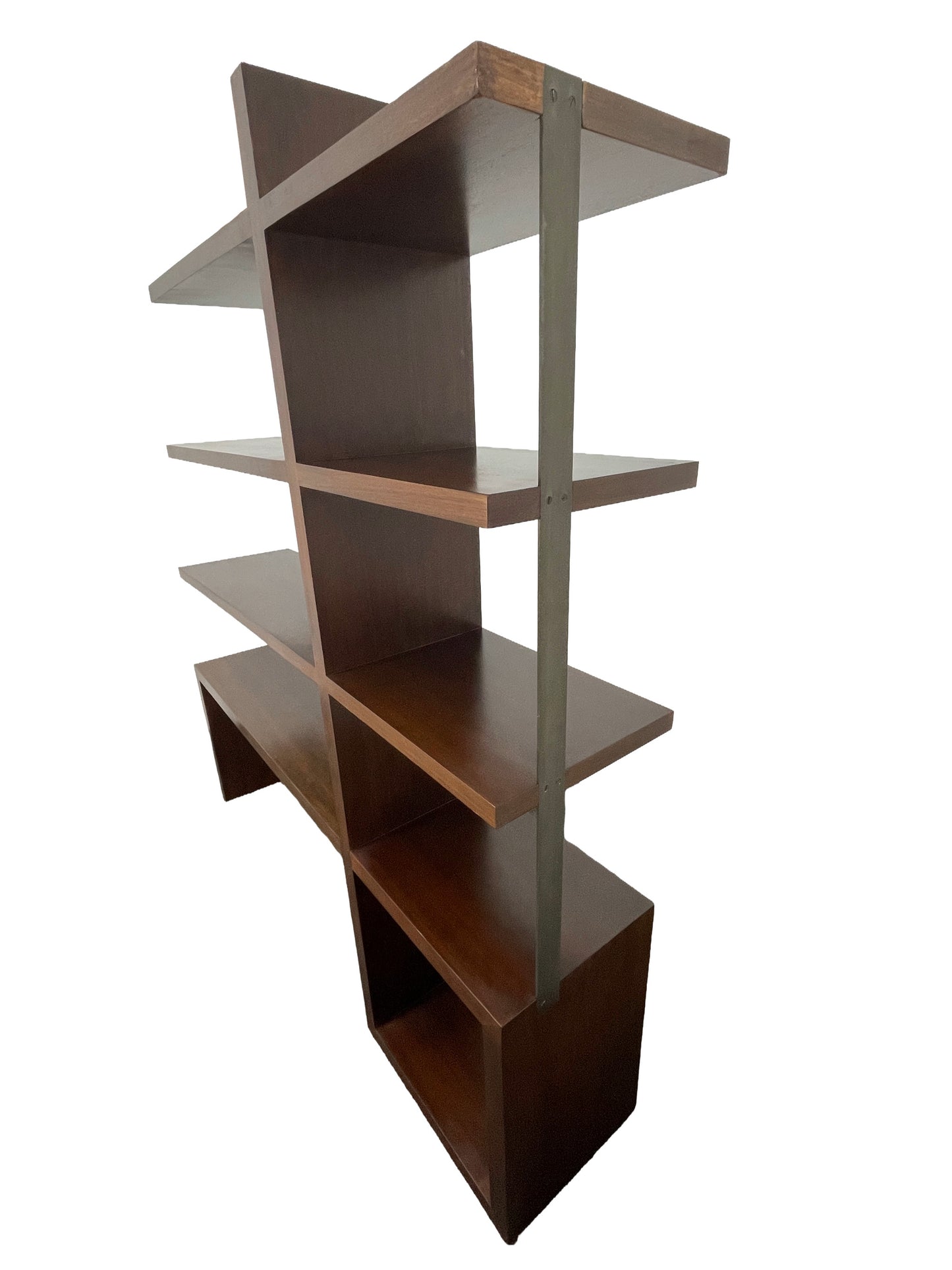 Right side view of walnut modern bookcase showcasing open shelving depth and integrated metal support