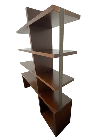 Right side view of walnut modern bookcase showcasing open shelving depth and integrated metal support