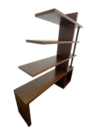 Left side view of walnut modern bookcase showcasing open shelving depth and clean lines